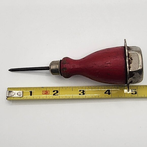 Vintage Red Wood Handle Awl Ice Pick Metal Ice-Cracker Metal Cap Top 5.25" short - Picture 5 of 5